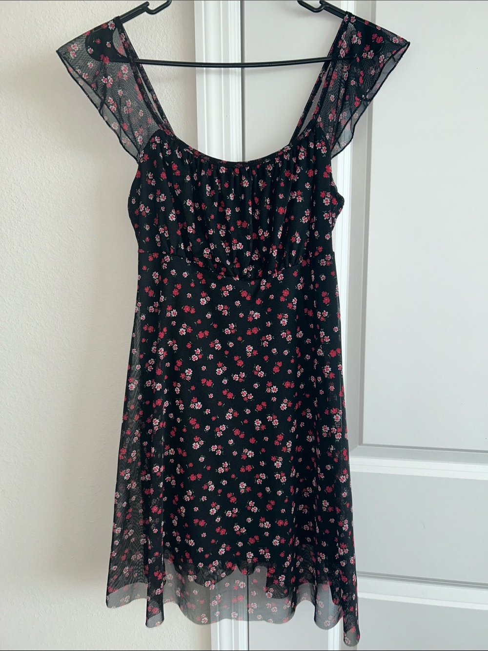 See You Monday Black Dress with Pink Floral Mesh Overlay - Picture 1 of 7